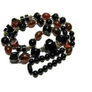 Vintage Plastic Resin Bead Necklace Brown Metal Brass